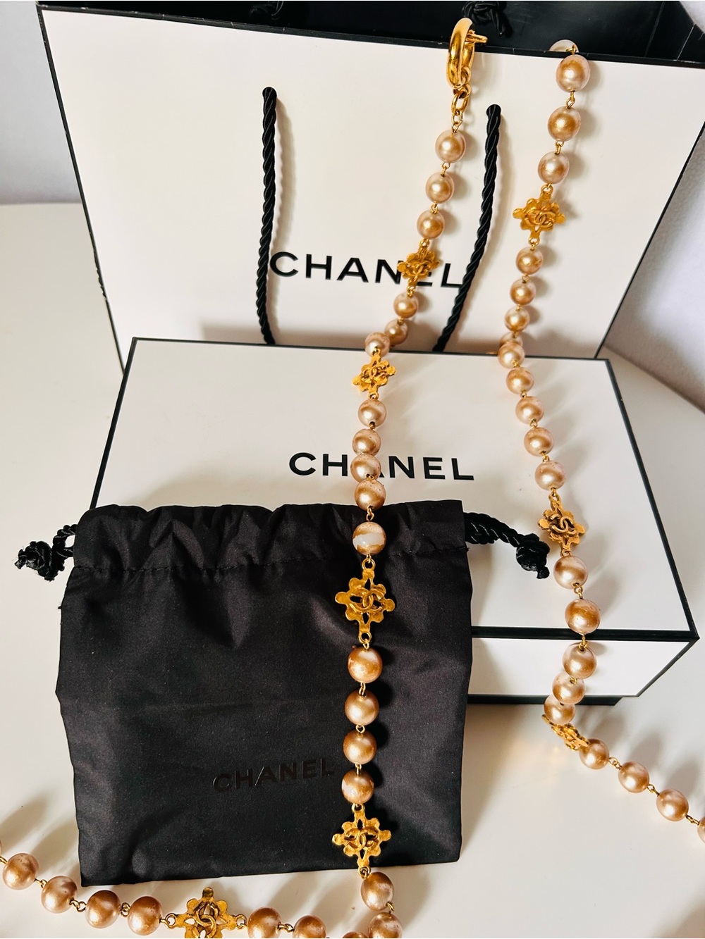 Vintage CHANEL Extra Long Rare Gold and Champagne Pearl CC Monogram Necklace